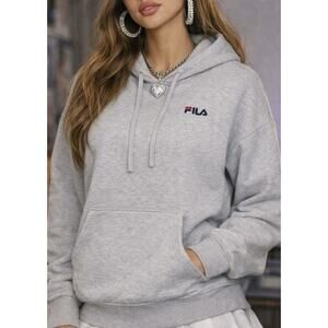 FILA Women Logo Fleece Hoodie Hooded Grey Sweater Sweatshirt Top L New NWT Y2K
